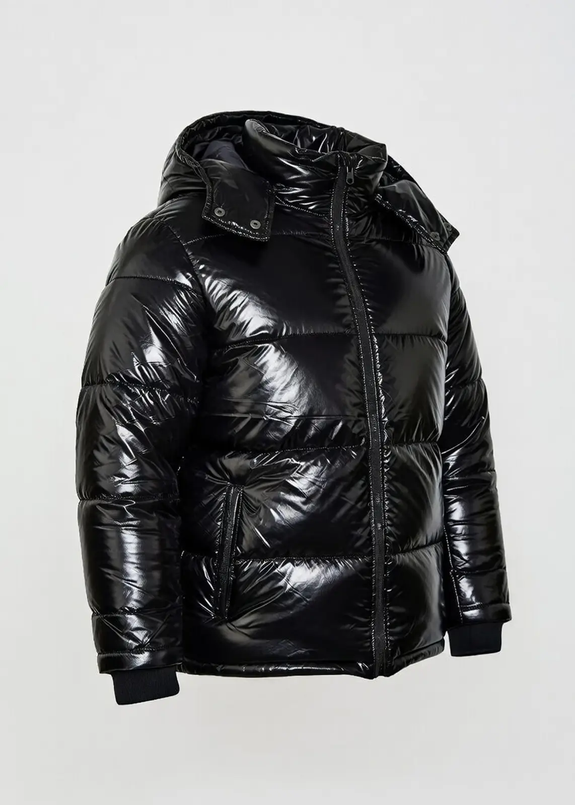 Cool Shiny Black Puffer Leather Jacket - Image 3