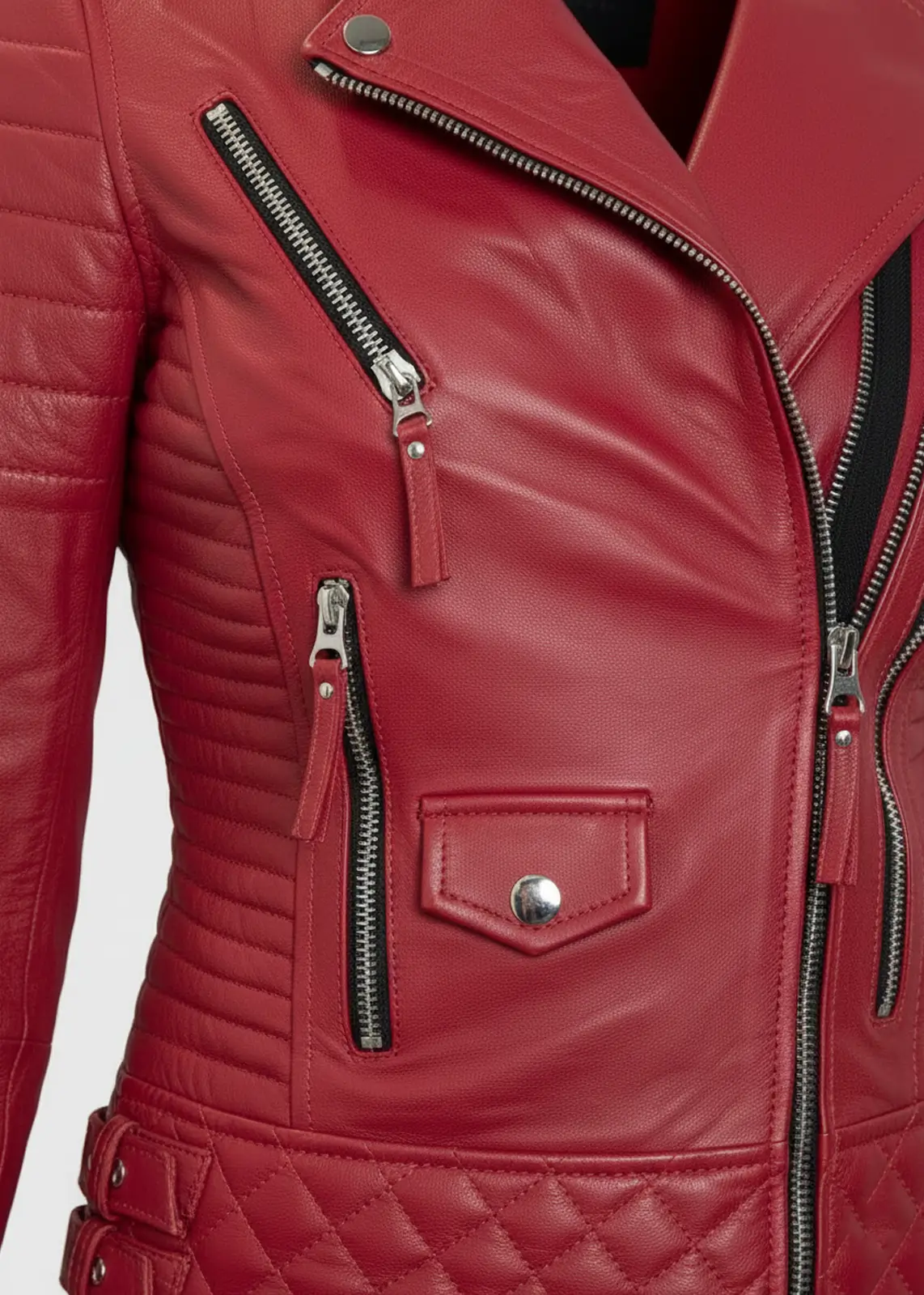 Red Women's Quilted Biker Leather Jacket - Image 4