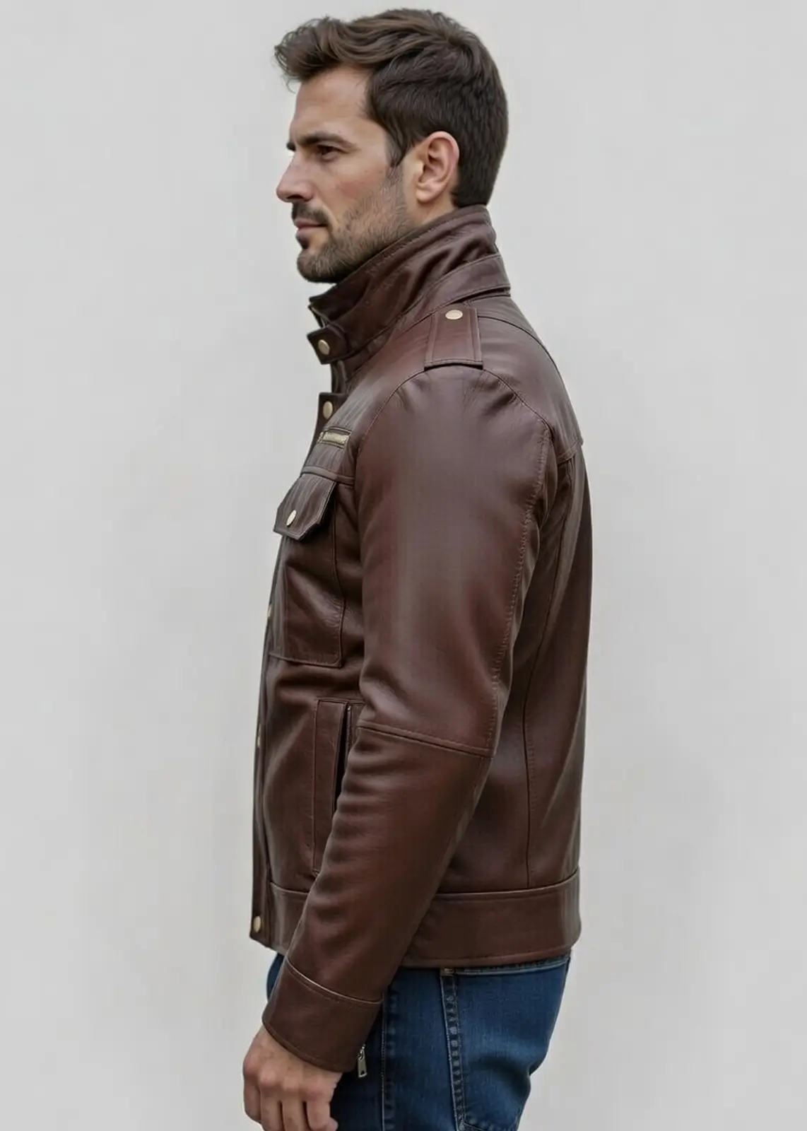Versatile Brown High Collar Leather Jacket - Image 5