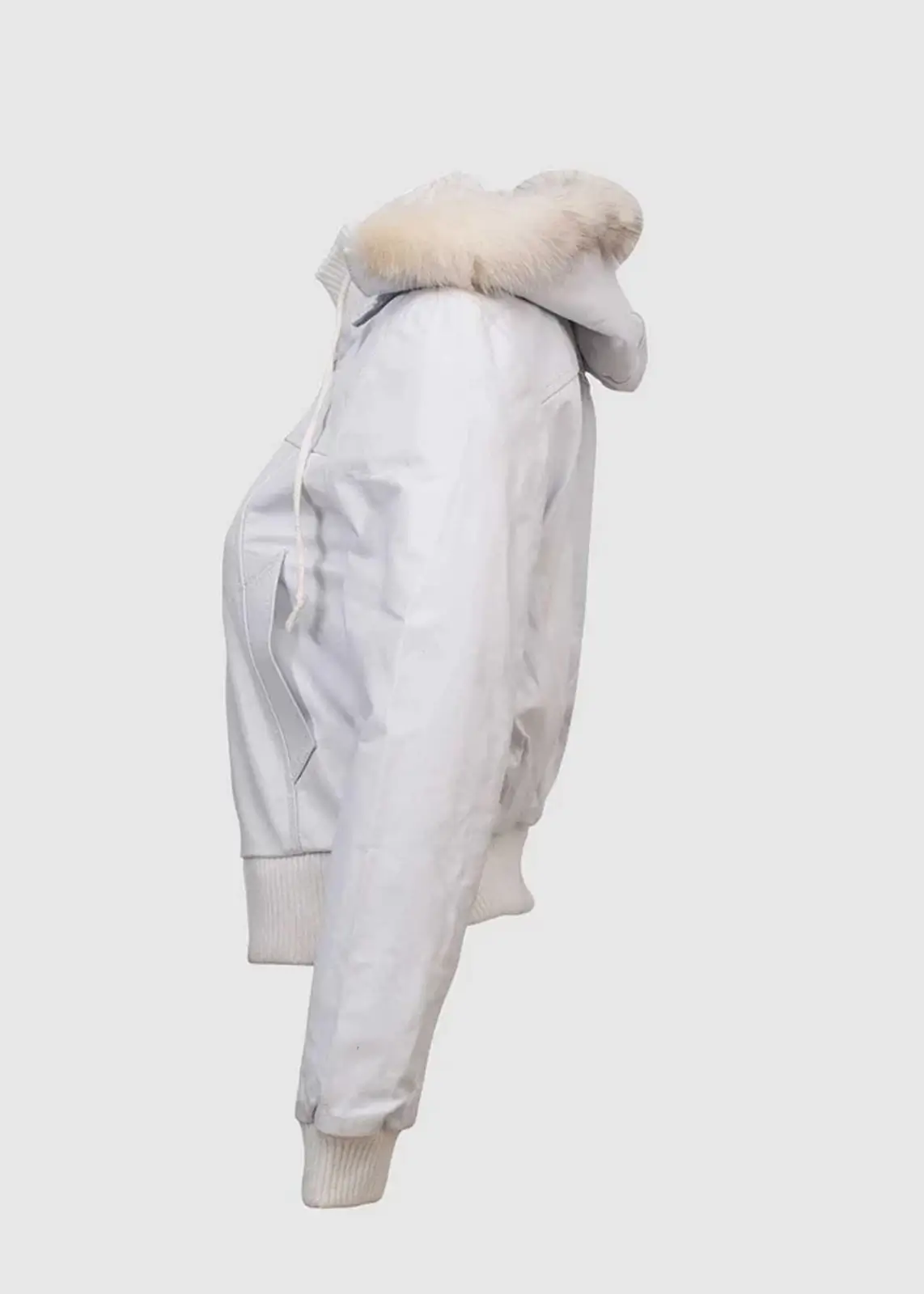 Women's White Fur Leather Bomber Jacket - Image 3