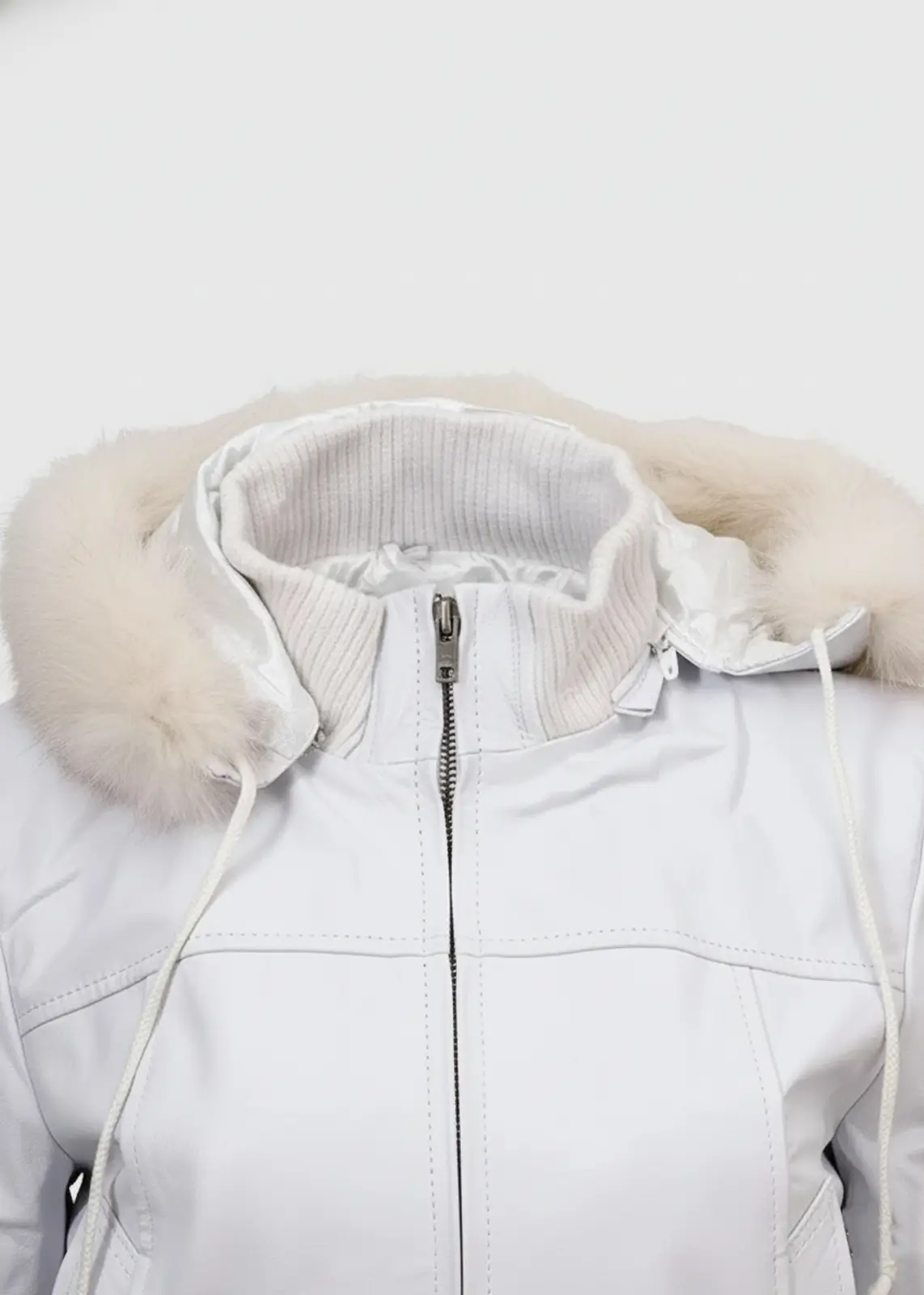 Women's White Fur Leather Bomber Jacket - Image 5