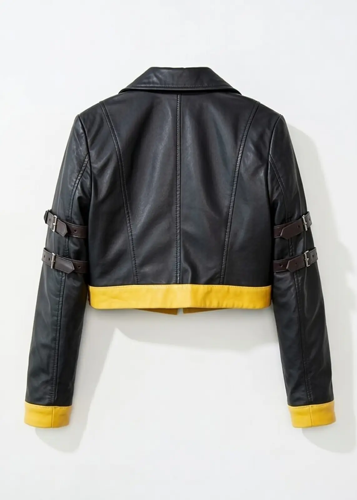 Black And Yellow Crop Leather Jacket for Women - Image 5