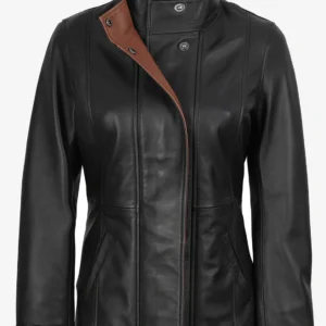 Women’s High-Collar Black Leather Jacket With Brown Details