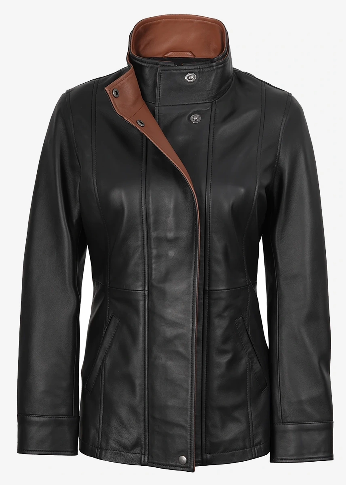 Women’s High-Collar Black Leather Jacket With Brown Details