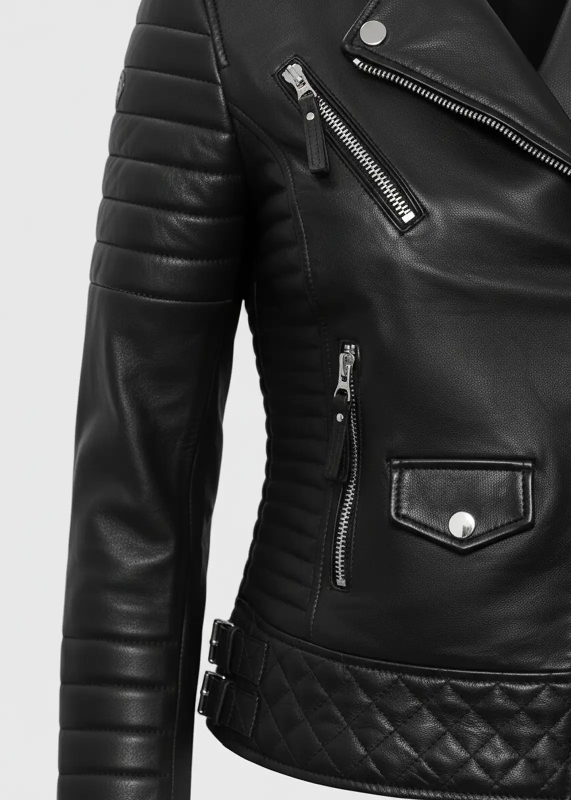 Women’s Black Quilted Leather Biker Jacket - Image 5