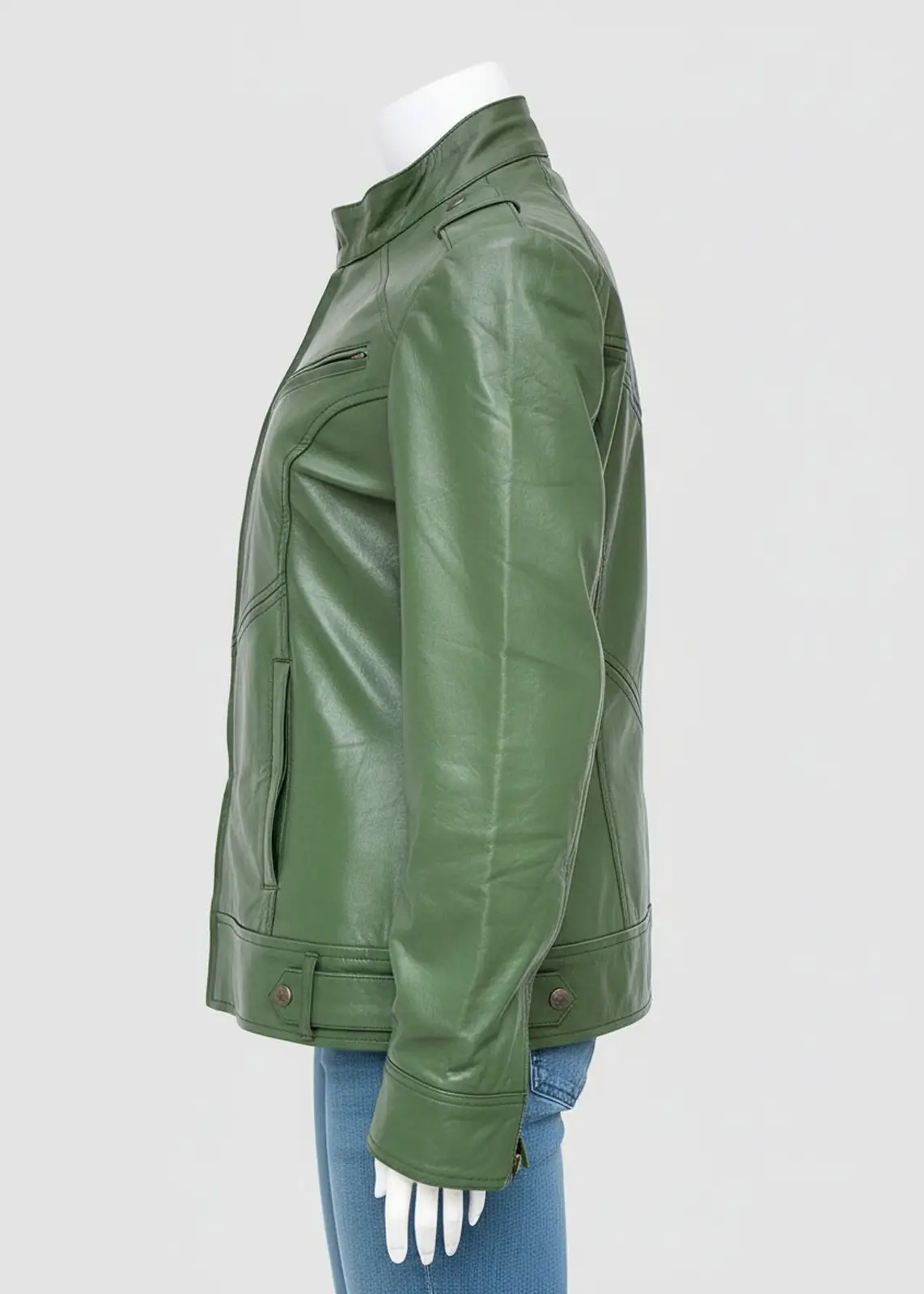 Women’s Olive Green Leather Biker Jacket - Image 5