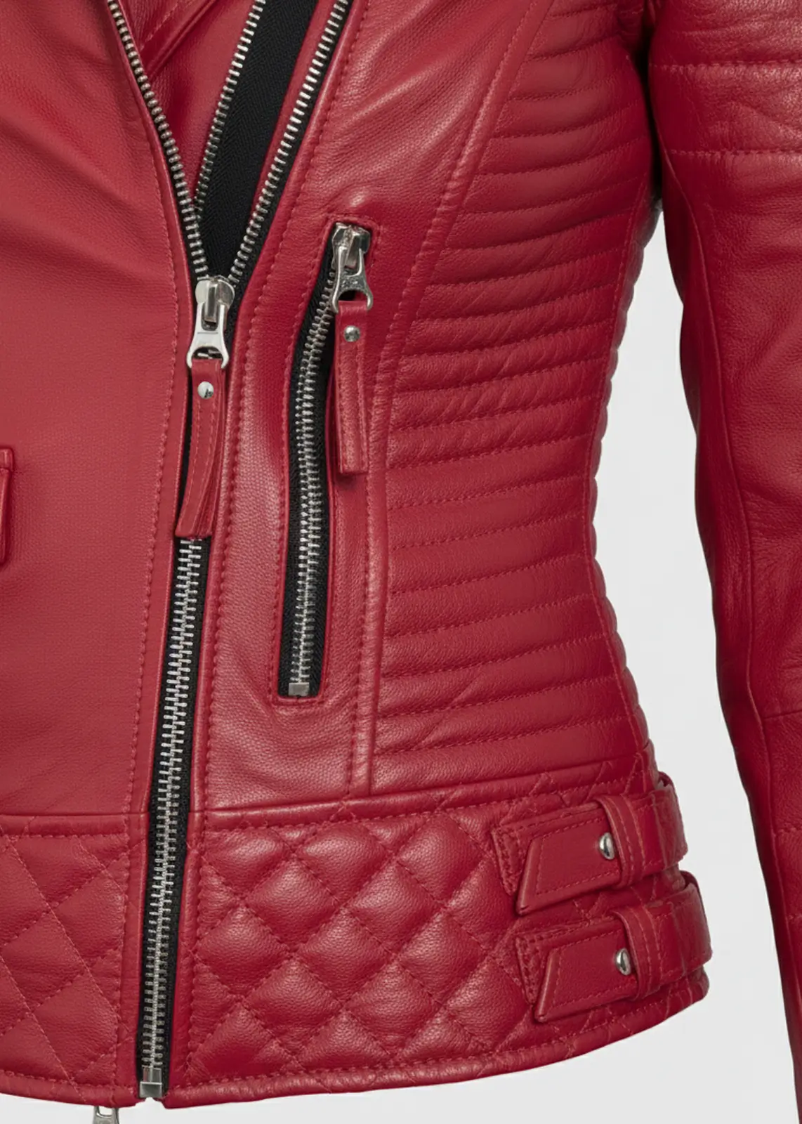 Red Women's Quilted Biker Leather Jacket - Image 5