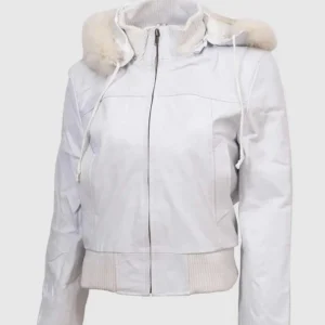 Women's White Fur Leather Bomber Jacket