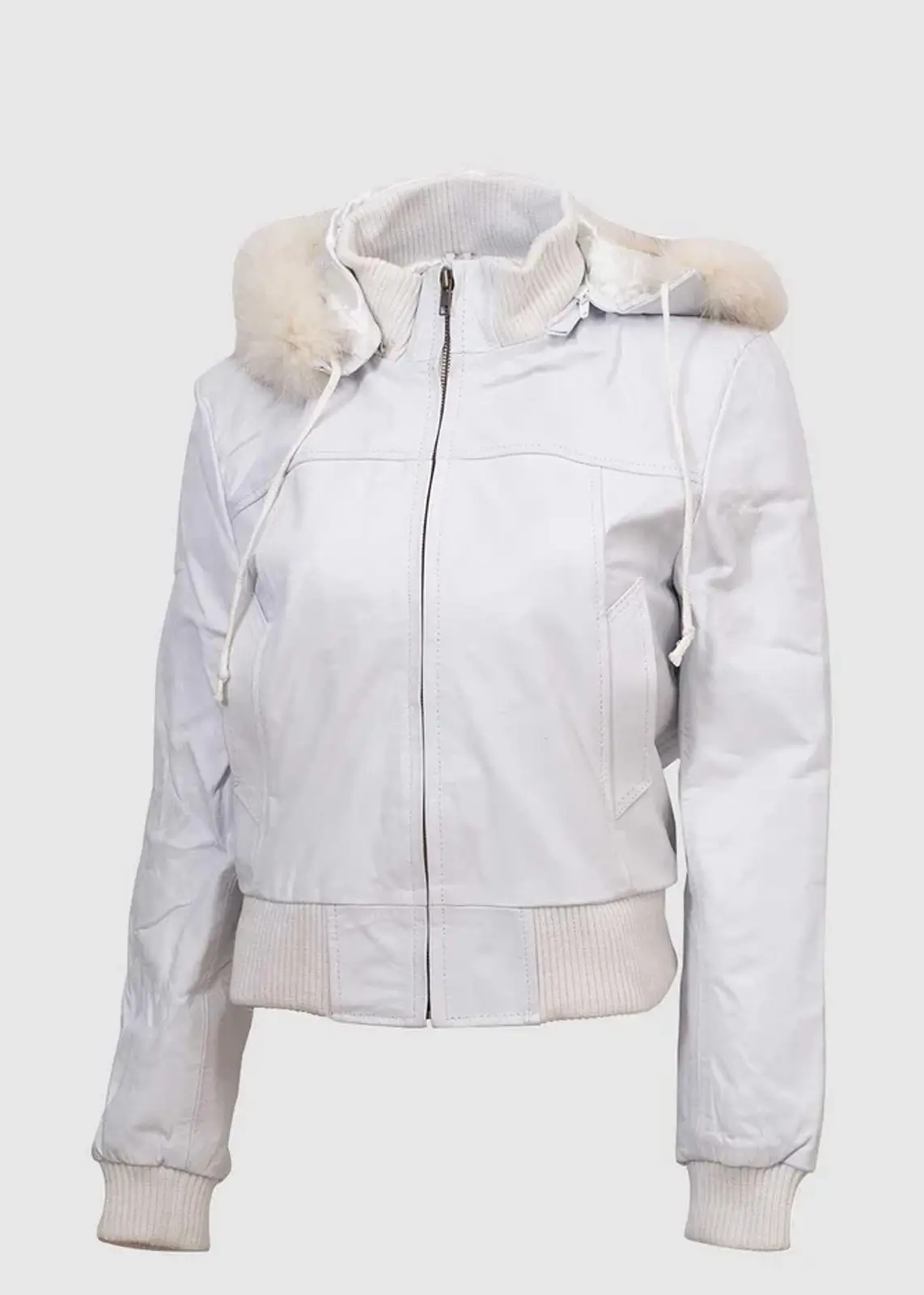Women's White Fur Leather Bomber Jacket